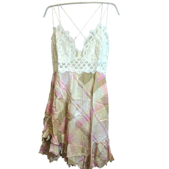 FP Intimately Free People Adella Mini Slip Dress Sz Large Pink Plaid  Ruffle $98 - Picture 4 of 16